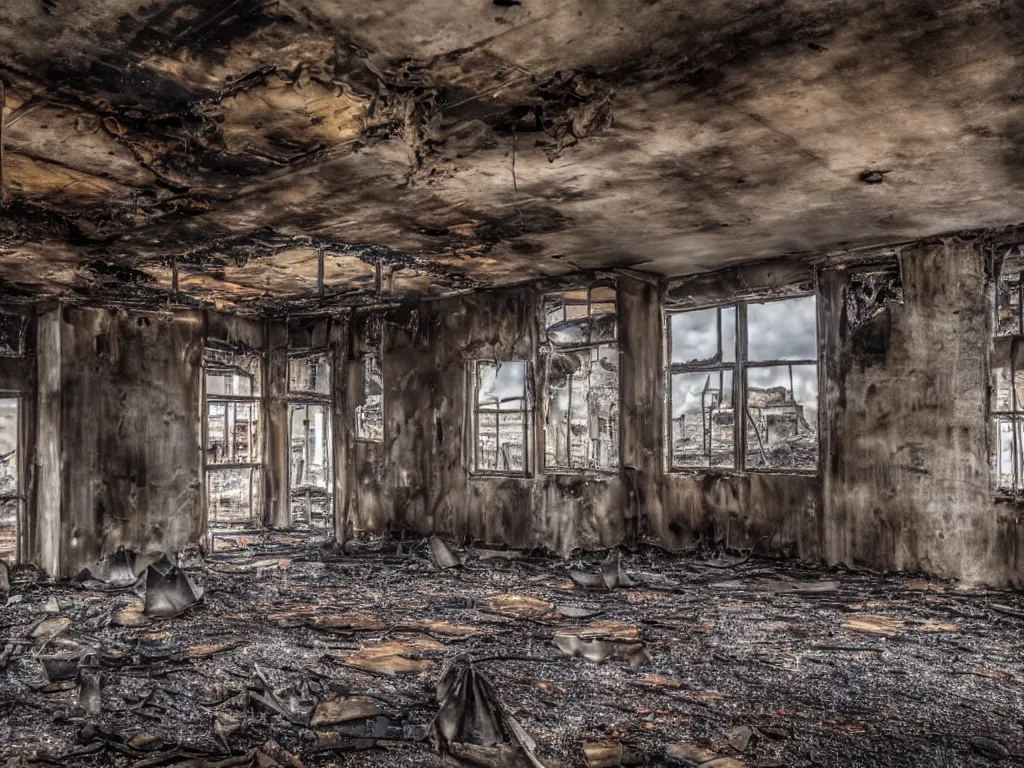 Prompt: burnt out building, interior shot, canon, award winning!!, no fire, no smoke, photography, realism, dslr photo, 8 k, journalism