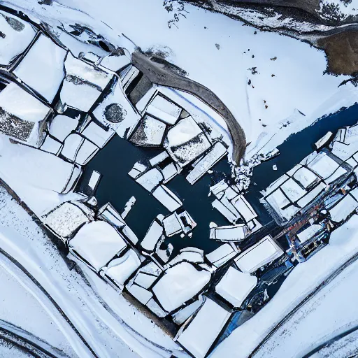Image similar to snowy region on coast of Iceland, abandoned mine and crates full of supplies buried in snow::2 aerial drone perspective, top down view ::1 sattelite image of snow from 250 meters height, some coal boxes and barrels are covered in snow, old mine remains :: 1 post apocalyptic, snowstorm ::5