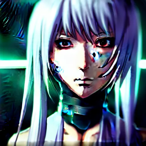 Image similar to An epic comic hyperrealistic anime painting of a cyber warrrior girl wearing futuristic wardrobe, black and silver, ultradetailed face expression trending on artstation and artbreeder, cyberpunk 2077 color, heavy rainning at tokyo street night, neon ligh, DAZ, 8k, unreal 5 engine render, cosplay, RPG portrait, final fantasy Vll world concept, dramatic lighting, rim lights, PS5 render quality