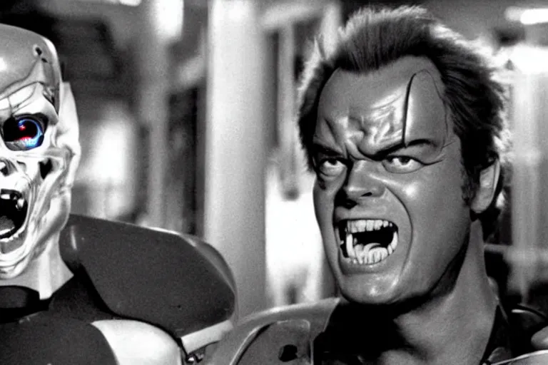 Prompt: Jack Nicholson plays Terminator Pikachu, scene where his inner exoskeleton is visible and his eye glows red, still from the film