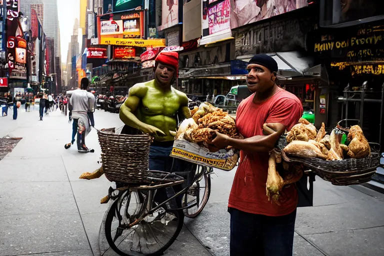 Prompt: closeup potrait of Shrek selling chicken in a new York street, natural light, sharp, detailed face, magazine, press, photo, Steve McCurry, David Lazar, Canon, Nikon, focus