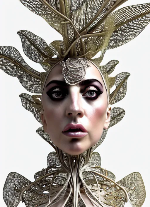 Image similar to complex 3d render ultra detailed of a beautiful porcelain lady gaga face, mechanical vegetal cyborg, 150 mm, beautiful natural soft light, rim light, silver gold details, magnolia big leaves and stems, roots, fine foliage lace, mesh wire, Alexander Mcqueen haute couture, lady Gaga style, intricate details, hyperrealistic, mandelbrot fractal, anatomical, red lips, silver metal armor, facial muscles, cable wires, microchip, elegant, white background, octane render, H.R. Giger style, 8k