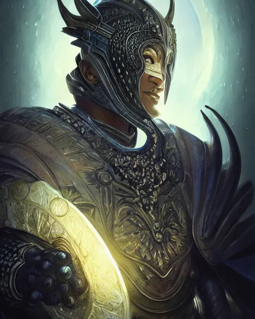 Image similar to Portrait of a Fantasy black knight, moonlit, HD, illustration, epic, D&D, fantasy, intricate, elegant, highly detailed, digital painting, artstation, concept art, smooth, sharp focus, illustration, art by artgerm and greg rutkowski and alphonse mucha, monster hunter illustrations art book