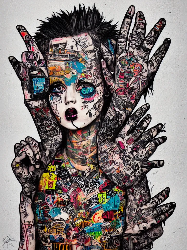 Prompt: a multilayered mixed media street art bursting with nostalgic pop culture references, punk symbols and tattoo designs, sharp details and in focus, high resolution, flat evenly lit background, art by stikki peaches