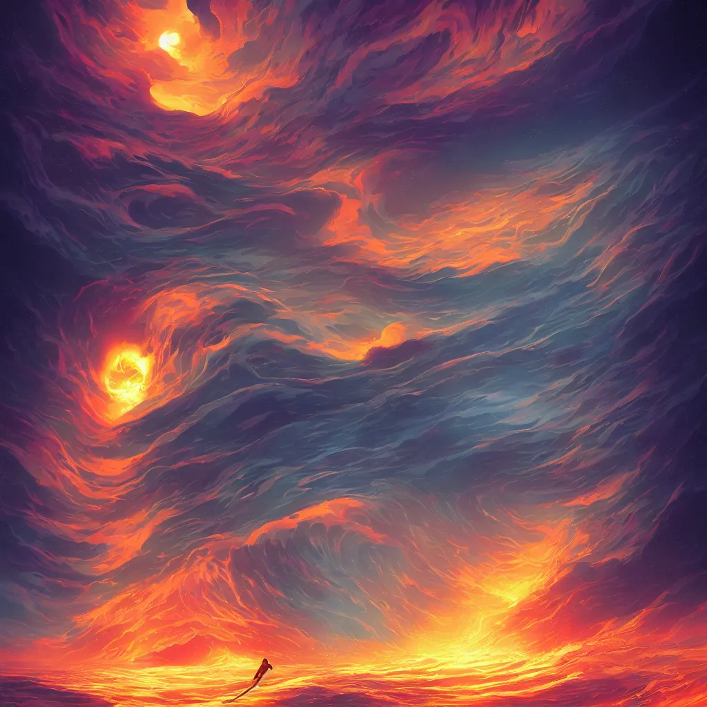 Prompt: Elemental colorful pixar moongate, digital matte black paper art pastiche by Moebius and by Cyril Rolando, Beautiful epic night fire seascape, pastiche by Moebius, Cyril Rolando, Shawn Coss, Junji Ito, and Roger Dean