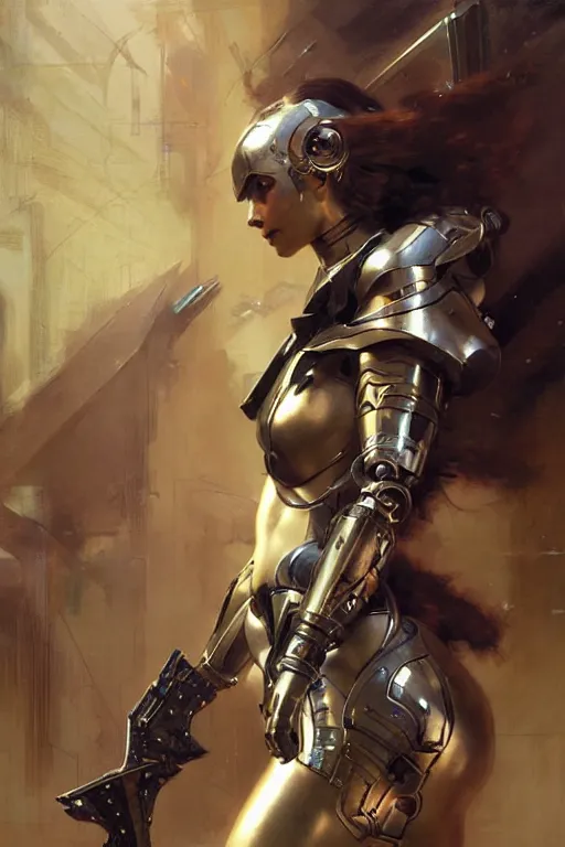 Image similar to futuristic women with medieval armor cyborg fighting dynamic poses, holding a gunsword, detail, beautifull face, no blur, painting by gaston bussiere, craig mullins, greg rutkowski, yoji shinkawa, sorayama