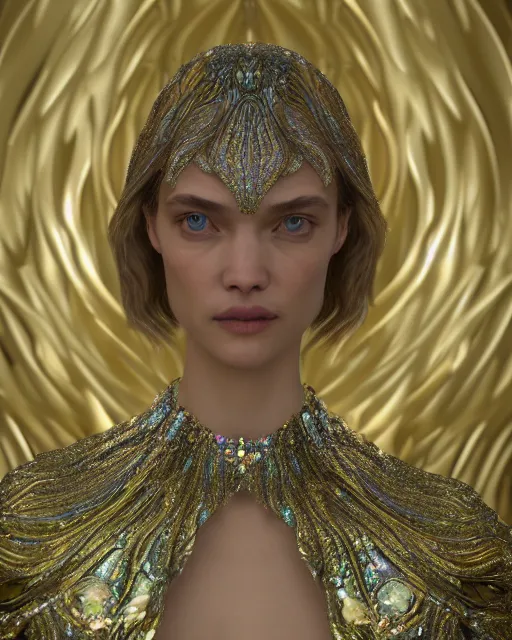 Image similar to a highly detailed metahuman 8 k close up render of natalia vodianova renaissance in iris van herpen dress schiaparelli in diamonds crystals swarovski and jewelry iridescent in style of alphonse mucha gustav klimt trending on artstation made in unreal engine 4