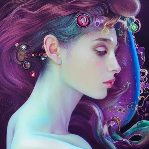 Image similar to dream portrait of KSI, dreamy and ethereal, expressive pose, big pink eyes, exciting expression, fantasy, intricate, elegant, many rainbow bubbles, rose tones, highly detailed, digital painting, artstation, concept art,cyberpunk wearing, smooth, sharp focus, illustration, art by artgerm and greg rutkowskiand alphonse mucha,Salvador Dali.