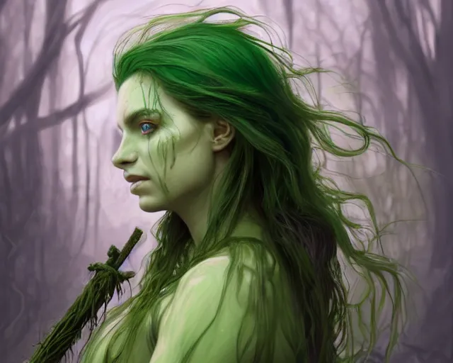 Image similar to portrait of a swamp witch, green colored skin, green hair, holding a caduceus staff, messy hair, deep focus, d & d, fantasy, intricate, elegant, highly detailed, digital painting, artstation, concept art, matte, sharp, illustration, hearthstone, art by artgerm and greg rutkowski and alphonse mucha