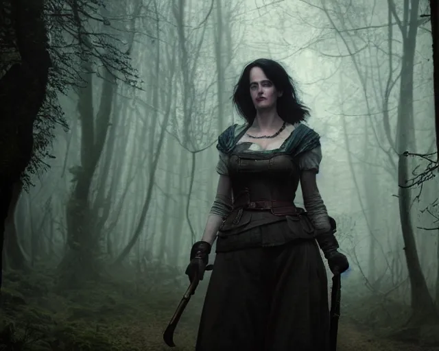 Prompt: 5 5 mm portrait photo of a real life tough looking eva green as ciri with a large scar along her left cheek, in a magical forest. dark atmosphere. art by greg rutkowski. highly detailed 8 k. intricate. lifelike. soft light. nikon d 8 5 0.