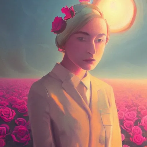 Image similar to closeup, large rose flower under head, frontal, girl in a suit, surreal photography, sunrise, dramatic light, impressionist painting, digital painting, artstation, simon stalenhag