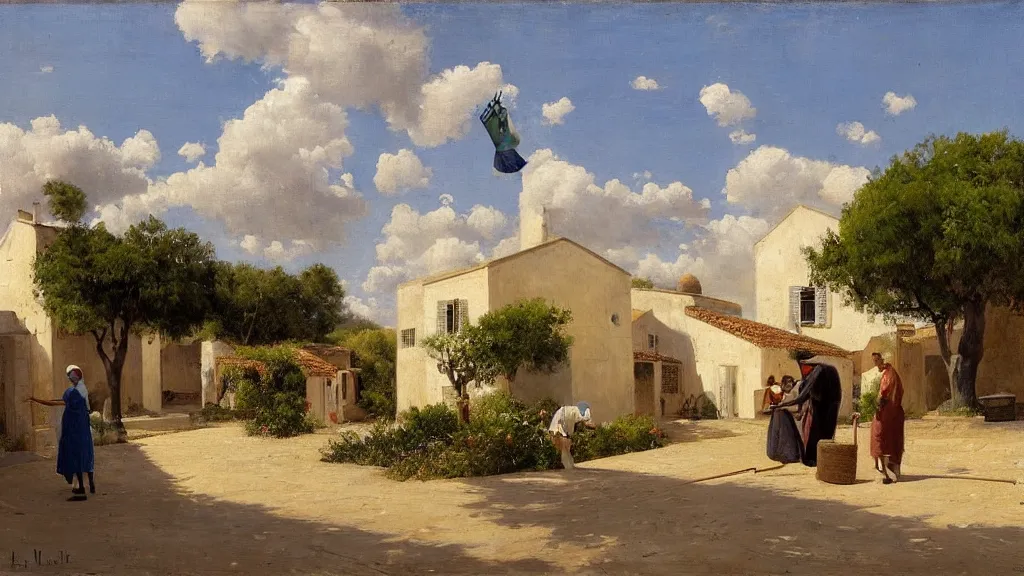 Image similar to a beautiful extremely complex painting of a street in a mediterranean village in summer by peter ilsted, whitewashed housed, tall cypress trees, blue shutters on windows, elderly woman sweeping the ground with a broom, national gallery of art highlights