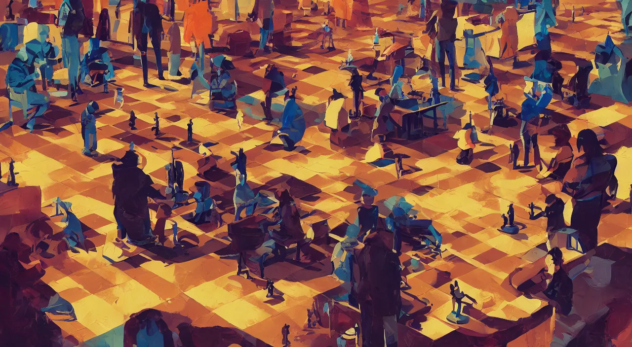 Image similar to a graph style gauche impasto, oil paint, people playing chess, steampunk art by james gilleard, cgsociety, retrofuturism, synthwave, retrowave, outrun, autumn color.