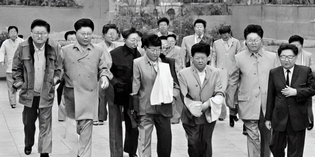 Image similar to kim jong - il walking in 1 9 6 0 s pyongyang, epic thriller in the style of ghost in the shell by mamoru oshii