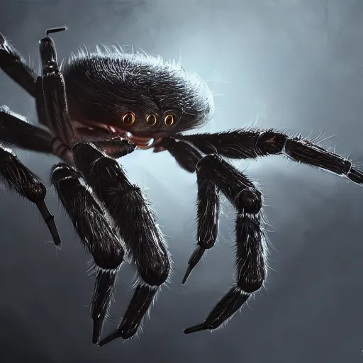 Image similar to child, black eyes, sharp teeth, spiderlegs, body of a spider, intricate, detailed, volumetric lighting, scenery, digital painting, highly detailed, artstation, sharp focus, illustration, concept art,