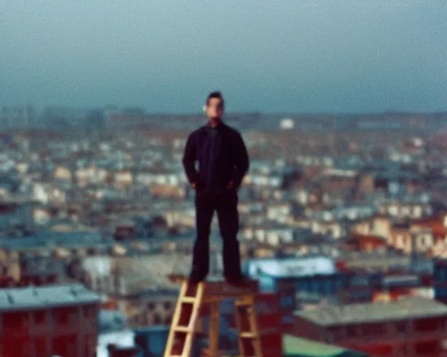 Image similar to lomo photo of man standing on the roof of soviet hrushevka, small town, cinestill, bokeh, out of focus