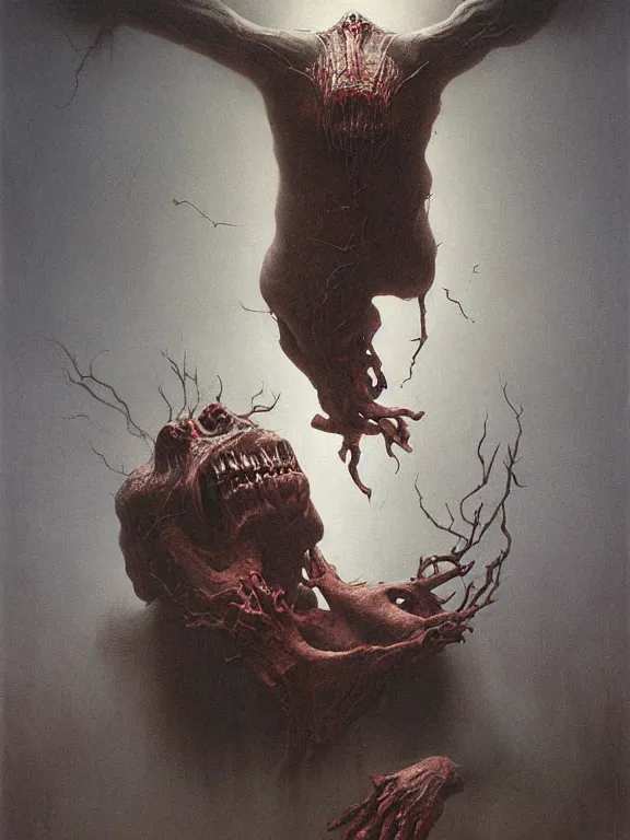 Prompt: scary horror creature, well lit, digital art, virtuosic painting, award winning, high quality, visual, sharp, backlit, gorgeous lighting, painted by Zdzisław Beksiński