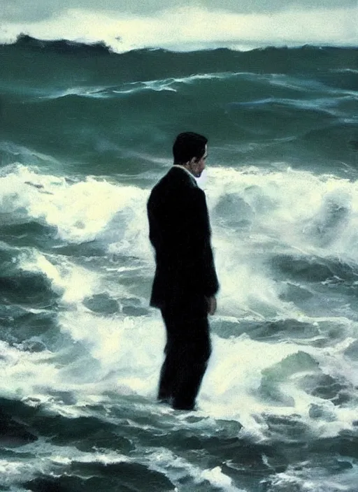 Image similar to black ocean, crashing waves, dale cooper standing alone amidst waves, lonely!!!!! painting by phil hale, fransico goya,'action lines '!!!, graphic style, visible brushstrokes, motion blur, blurry, visible paint texture, crisp hd image