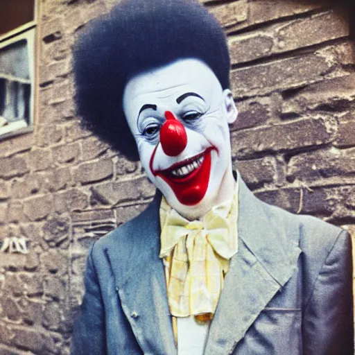 Prompt: portrait in a side street of a killer clown town, photography, vintage photo, faded colors, 7 0 s, new york, photography