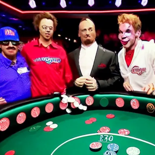 Image similar to world series of poker, a clown is at the final table, espn coverage, screenshot,