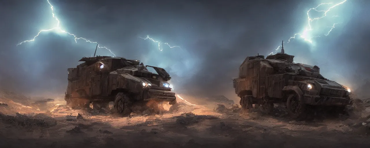 Prompt: an image of an armored vehicle in the night on a mountain with blue headlights on by Paul Chadeisson, atmospherical, heavy storm, lightnings , concept art, high detail, intimidating , cinematic, Artstation trending, octane render