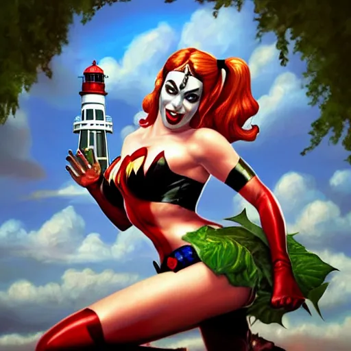 Prompt: perfectly-centered-full-shot photo of Harley Quinn with Poison Ivy & Wonder Woman Pinup Girl Poster, looking out towards a lighthouse, big bust, intricate, elegant, super highly detailed, professional digital painting, artstation, concept art, smooth, sharp focus, no blur, no dof, extreme illustration, Unreal Engine 5, 8K, art by artgerm and greg rutkowski and alphonse mucha and loish and WLOP