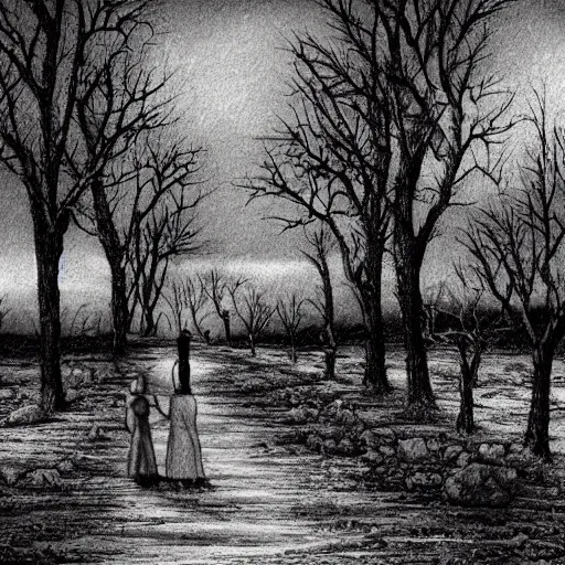 Image similar to A romantic walk through a desolate wasteland, drawing