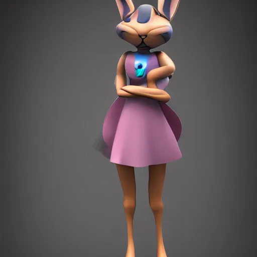 Image similar to beautiful fit female anthropomorphic rabbit with symetric face wearing dress, full body, vray, 5 5 mm