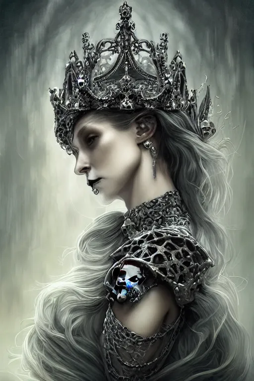 Image similar to skull queen with an origami crown, hints of silver jewelry, gothic, eerie, intricate detail, dramatic lighting, mist, grey, 4k, fantasy, intricate, very very beautiful, elegant, highly detailed, digital painting, artstation, concept art, smooth, sharp focus, illustration, art by artgerm and greg rutkowski and alphonse mucha