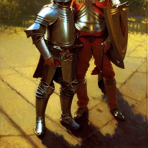 Image similar to attractive arthur pendragon and his attractive male knight, they are in love, natural lighting, path traced, highly detailed, high quality, digital painting, by gaston bussiere, craig mullins, alphonse mucha j. c. leyendecker