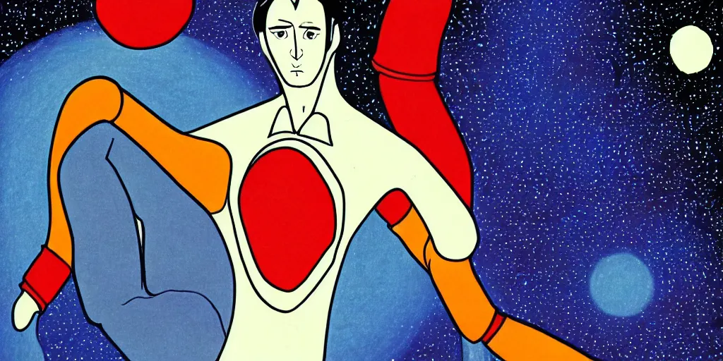 Image similar to traditional drawn colorful animation a symmetrical portrait of lonely single Alain Delon alone from 1970 70s pilot in posing in spaceship station planet captain bridge outer worlds robots extraterrestrial hyper contrast well drawn in Jean Henri Gaston Giraud animation film The Masters of Time FANTASTIC PLANET La planète sauvage animation by René Laloux