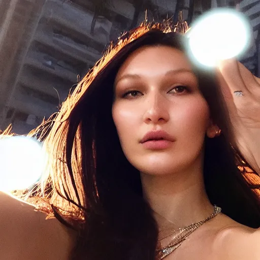 Image similar to bella hadid taking a selfie in seoul, photorealistic, dynamic light, ultra detailed