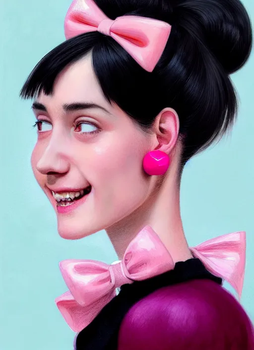 Image similar to portrait of high school girl, realistic, black hair, bangs, half updo hairstyle, pointy nose, skinny, smile, ugly, defined jawline, big chin, pink hair bow, earrings, intricate, elegant, glowing lights, highly detailed, digital painting, artstation, sharp focus, illustration, art by wlop, mars ravelo and greg rutkowski