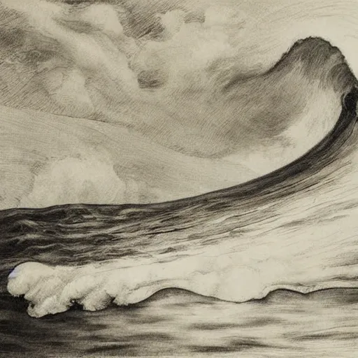 Image similar to an beautiful painting of one single hawaiian wave painted by albrecht durer, monochromatic color scheme, high detail, breathtaking wave, lineart!, line art, soft colors, simplicity, charcoal drawing