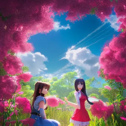 Image similar to aerith and yuffie from final fantasy 7 remake by ross tran, sitting in a flower field by ilya kuvshinov, rtx reflections, maya, extreme high intricate hyperrealistic details by wlop, medium shot, composition by sana takeda, dramatic lighting by greg rutkowski