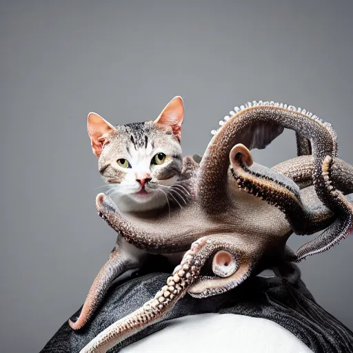 Prompt: an octopus on top of a cat, professional photography