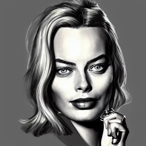 Image similar to a margot robbie wearing a business, she has grey hair and is holding a revolver, digital painting, smooth, hd, realist, artstation, deviantart