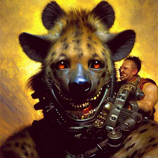 Image similar to portrait of a hyena gnoll doctor scientist. shadowrun furaffiniy cyberpunk fantasy highly detailed painting by gaston bussiere craig mullins jc leyendecker gustav klimt artgerm greg rutkowski john berkey, bergey, craig mullins, ruan jia, raymond swanland, jeremy mann, tom lovell, alex malveda