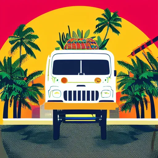 Image similar to a jeepney, palm tree, philippine sun and filipino girl wearing traditional clothes, stylized vector art, white background, trending on artstation