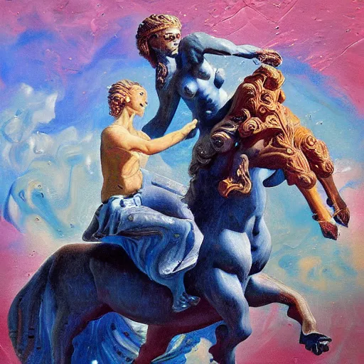 Prompt: a beautiful impasto oil painting of europa riding on zeus as a taurus by andy warholl, digital art