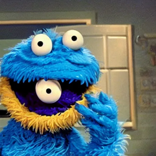 Image similar to Cookie Monster Muppet on Sesame Street smoking weed, happy