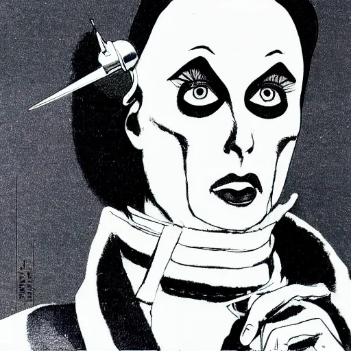 Image similar to a high quality product photo ad of klaus nomi with a technical reed rollerball pen exacto knife by junji ito, sharpie ethereal eel