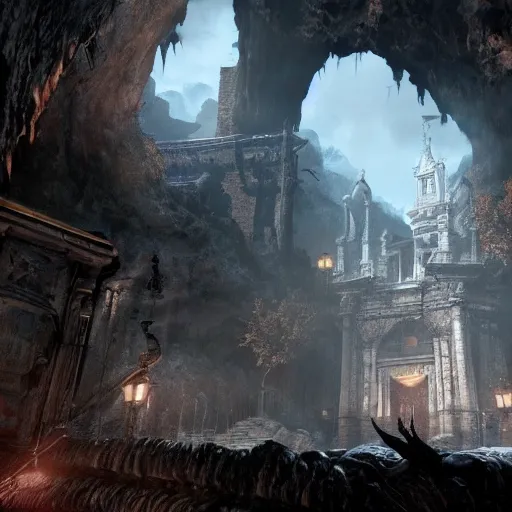 Image similar to a cave entrance in the middle of a city, screenshot from bloodborne, professional work, stunning screenshot