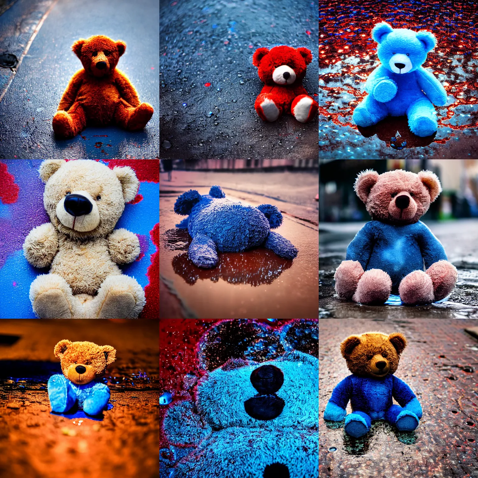 Prompt: extreme close up photo of a bloody teddy bear lying in a puddle in a back street illuminated with blue and red, cinematic, depth of field, blur, atmospheric, 8k, trending on artstation