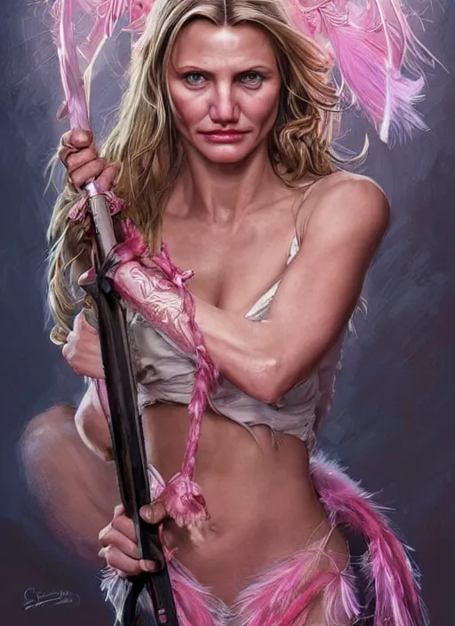 Image similar to serious looking Cameron Diaz as a ruggedly handsome heroine wearing pink feathers and wielding a glowing bow, intricate, elegant, tasteful, highly detailed, centered, digital painting, artstation, concept art, smooth, sharp focus, illustration, art by artgerm and donato giancola and Joseph Christian Leyendecker, WLOP