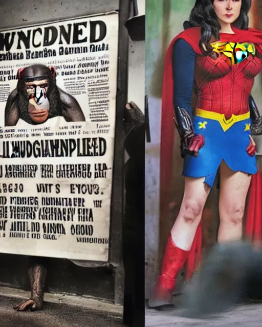 Image similar to a Chimpanzee dressed as Wonder Woman stands in front of a wanted poster for Super villain Gorilla Grodd, photographed in the style of Annie Leibovitz, photorealistic