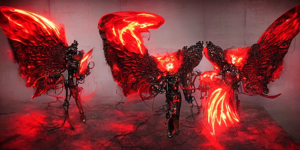 Image similar to pair of red mechanical demon wings, steampunk style, highly detailed, red houdini particle effects, glow, black background