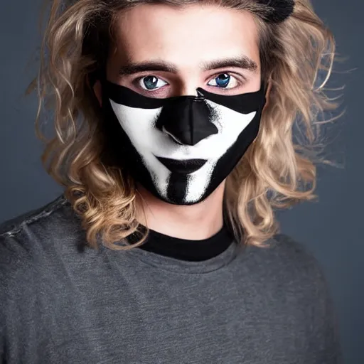 Image similar to professional digital art of a cute young adult man with blonde messy hair and wide eyes wearing a black face mask and a dark sweatshirt, high quality, HD, 8K, highly detailed, award-winning