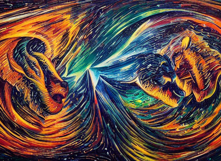 Prompt: An oil on canvas painting of two lions, void vortex, cosmic, by Dan Mumford and Umberto Boccioni,, aesthetically pleasing composition, masterpiece, ultra-realistic, super realistic, 4k, 8k