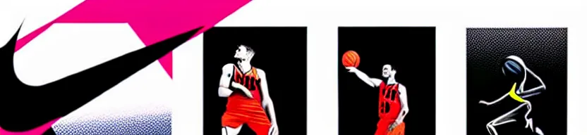 Image similar to nike advertisement for magazine with a basketballer making dunk, dynamic, rich deep colours, pop art, author francis bacon